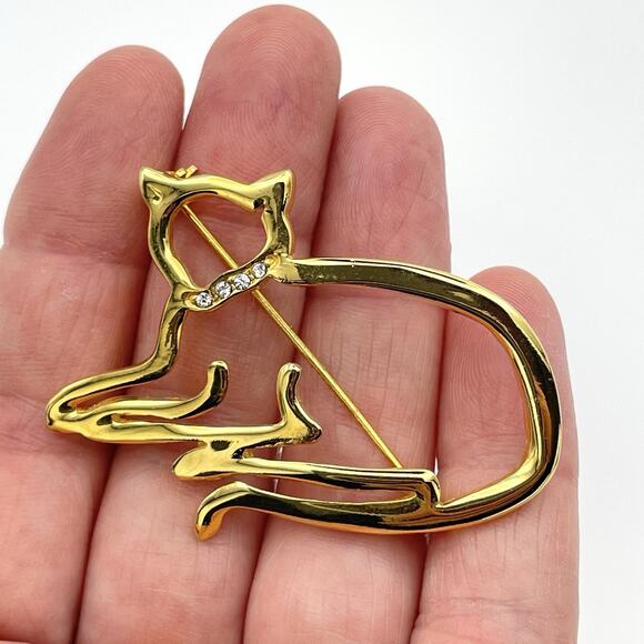 Gold Tone Openwork Cat Kitten Brooch Pin Rhinestone Collar Signed AAi Vintage - Picture 2 of 7